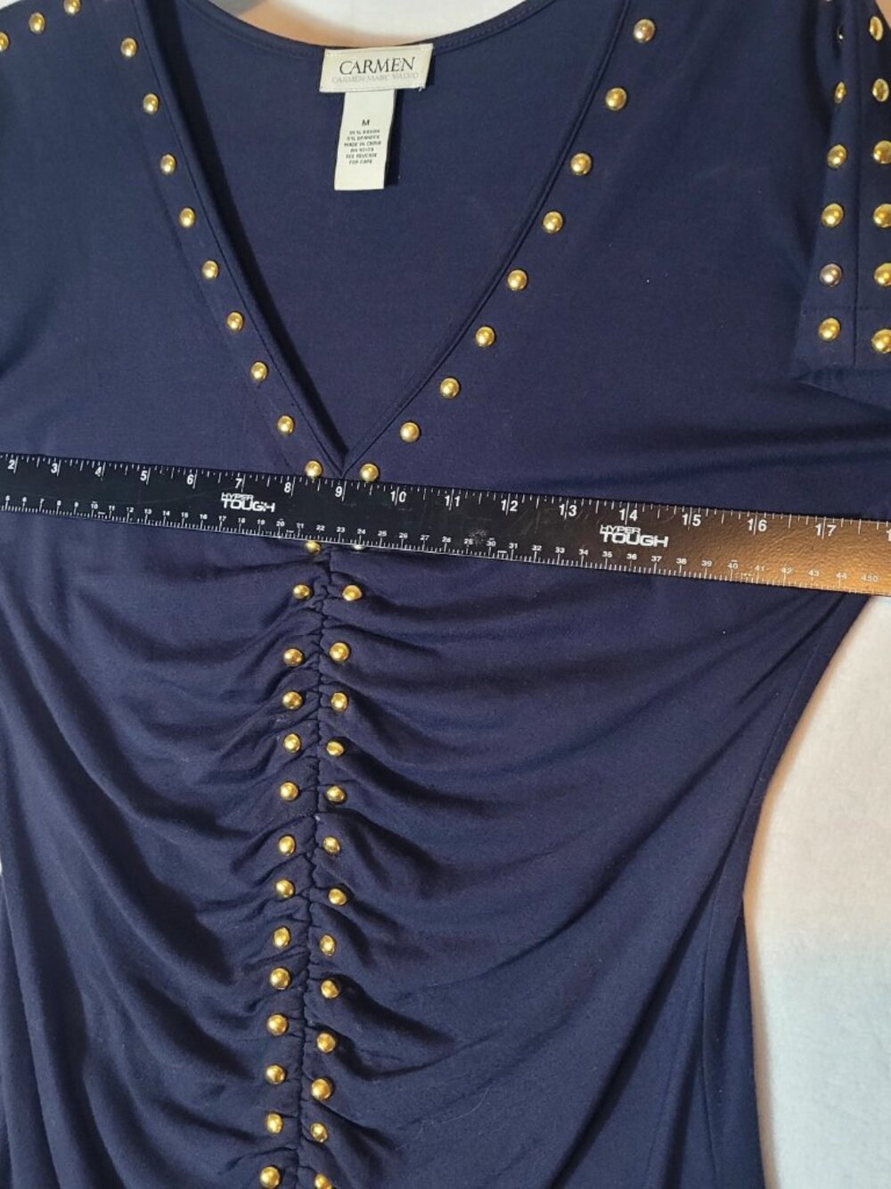 Carmen Marc Valvo Medium Navy Rayon Spandex Studded Top - Picture 11 of 14